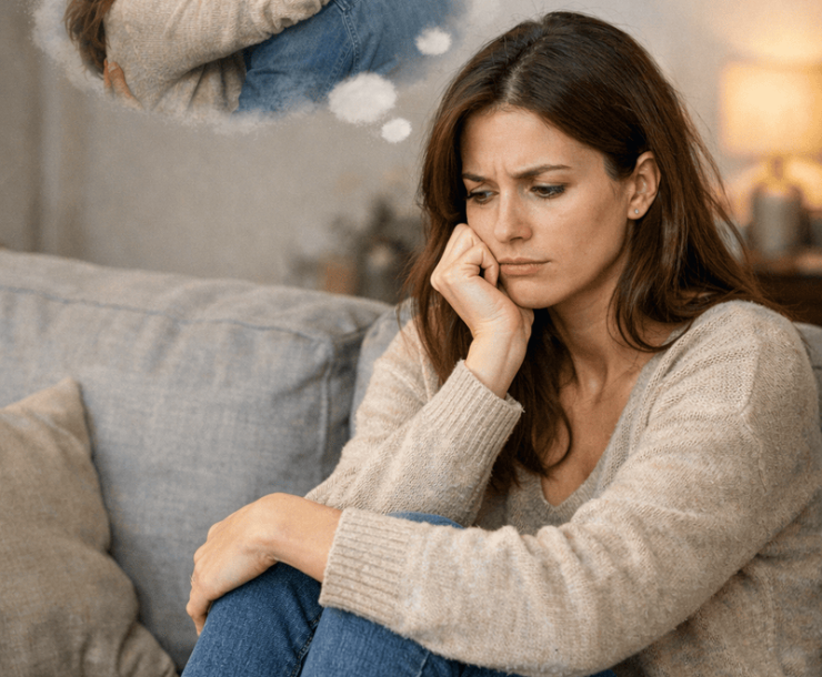 γυναίκα προβληματισμένη σε καναπέ καθισμένη ενώ έχει χωρίσει σκέφτεται την επανασύνδεση έντονα.