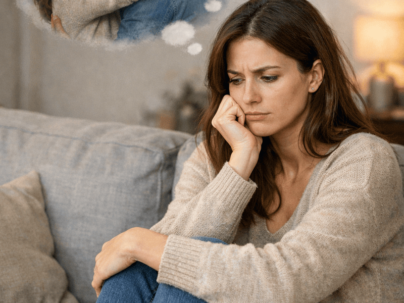 γυναίκα προβληματισμένη σε καναπέ καθισμένη ενώ έχει χωρίσει σκέφτεται την επανασύνδεση έντονα.