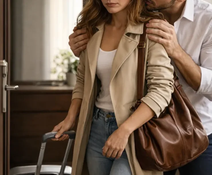 πώς να χωρίσω έναν νάρκισσο. Γυναίκα το σκέφτεται θλιμμένη έτοιμη να φύγει με βαλίτσα.