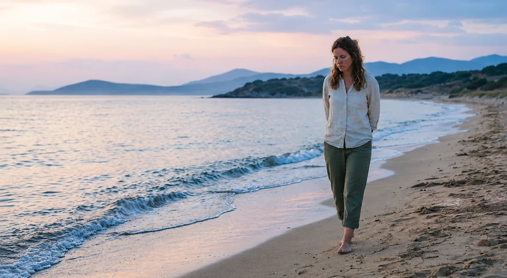 γυναίκα περπατάει μόνη σε ακρογιαλιά το πρωί, προβληματισμένη και στενοχωρημένη, αναρωτιέται πώς να ξεπεράσω τον χωρισμό το καλοκαίρι.