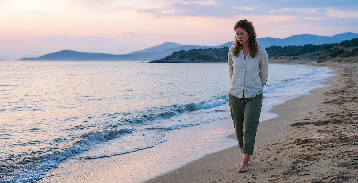 γυναίκα περπατάει μόνη σε ακρογιαλιά το πρωί, προβληματισμένη και στενοχωρημένη, αναρωτιέται πώς να ξεπεράσω τον χωρισμό το καλοκαίρι.